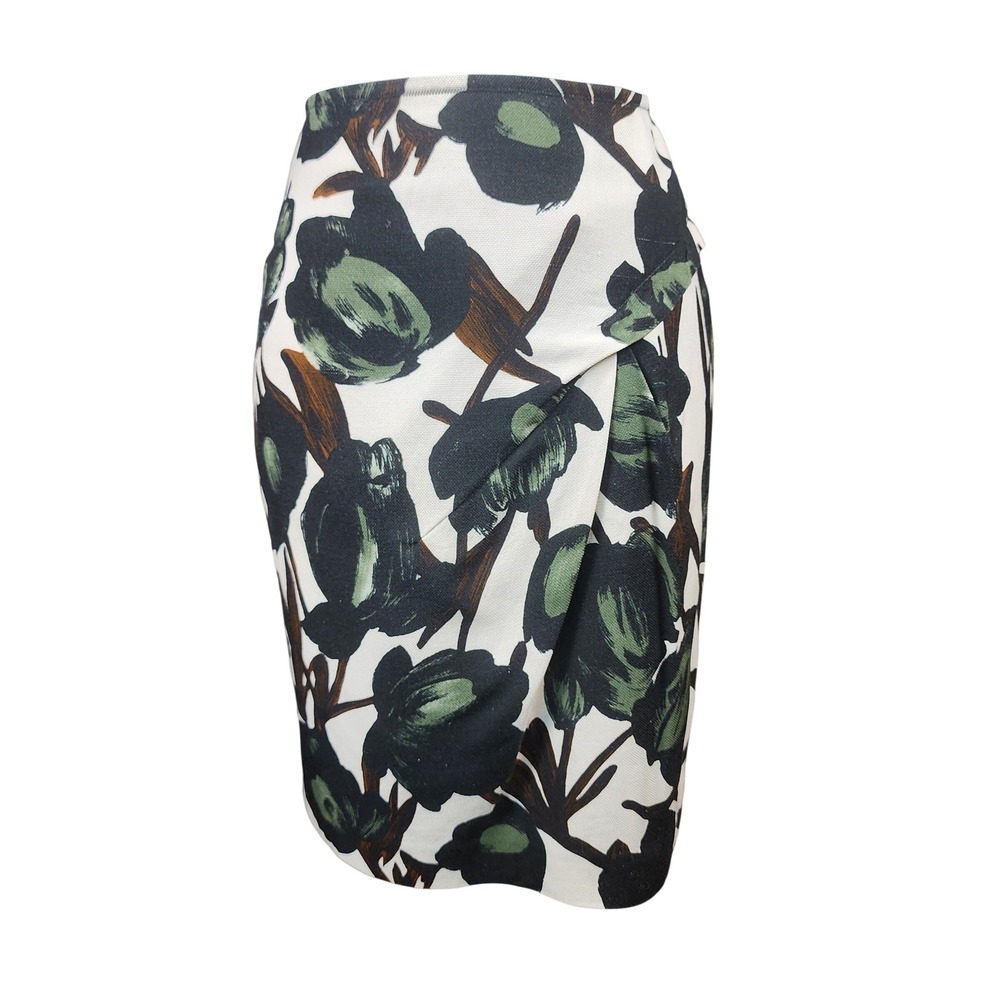 Hanii Y. Silk Pencil Skirt Size 40 US 4 Green Floral Pleat Business Casual Event